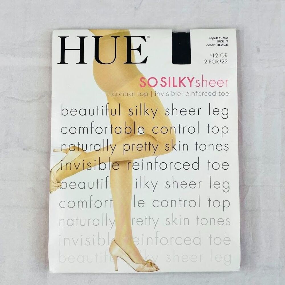 HUE Sheer Control Top Pantyhose Womens Size S/M Reinforced Toe Black 12 Denier